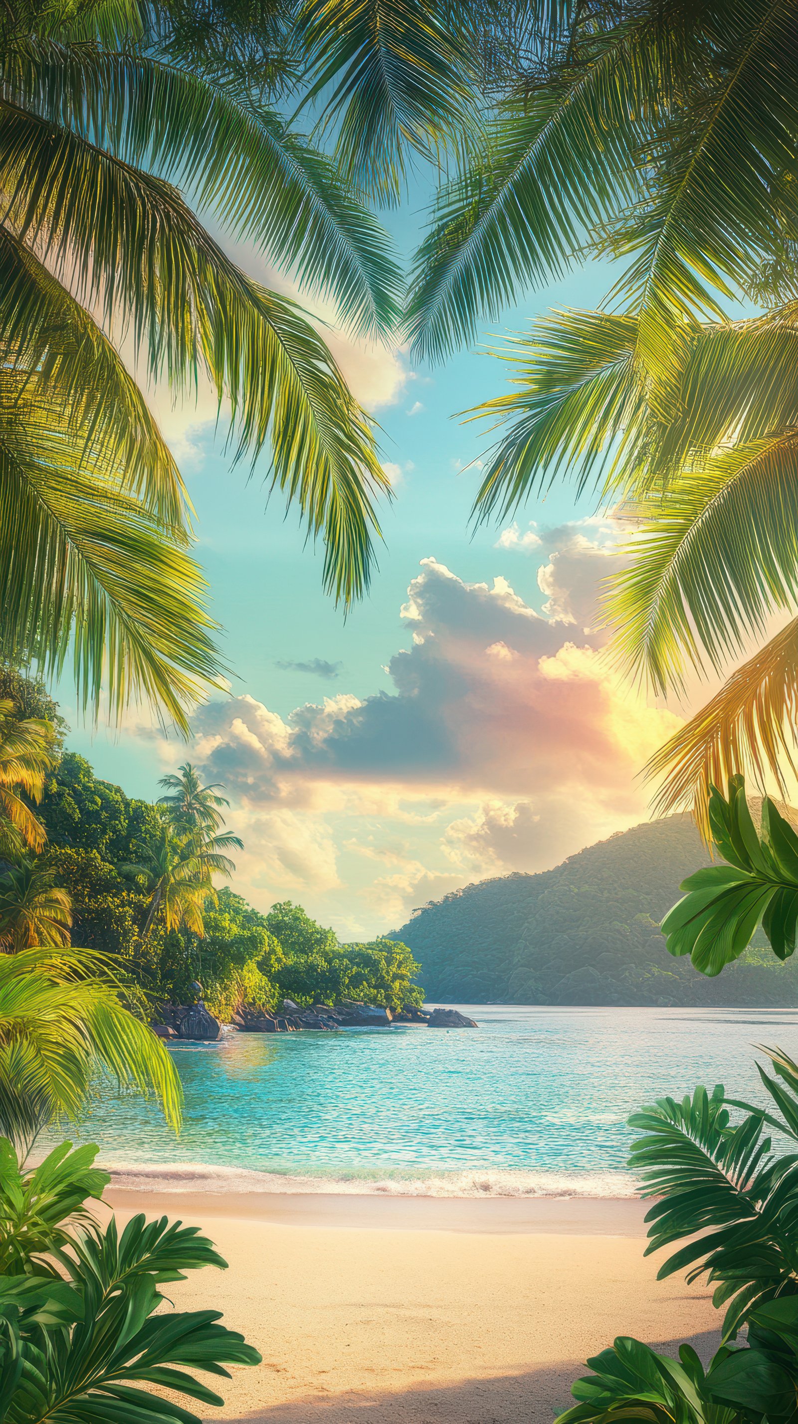 Beautiful tropical beach with palm trees and clear blue water at sunset in a serene coastal environment